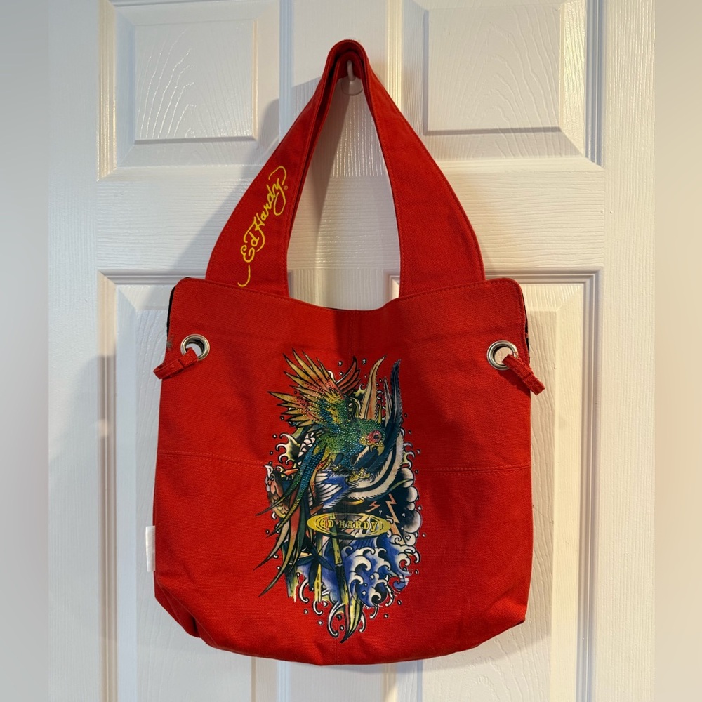 Ed Hardy Tote Bag Metal Magnet clasp Bedazzled y2k Red